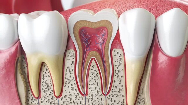A detailed cross-section model of human teeth with roots and nerves. Dental anatomy and structure.