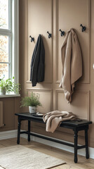 Cozy interior with wall hooks and a bench showcasing warm textiles and plants