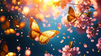 Vibrant Butterflies Amidst Cherry Blossoms with Soft Bokeh Effect