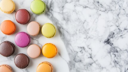 Obraz premium An artistic arrangement of colorful macarons on a marble countertop, top-down shot, Contemporary style