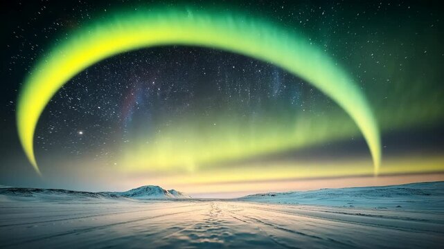 A beautifully rare phenomenon where a moonbow arcs gracefully across the night sky, illuminated by the ethereal glow of the northern lights dancing in hues of greens, blues, and purples