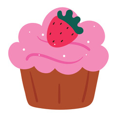 cute hand drawing cartoon pink cupcake with strawberry on it. cute dessert cartoon sticker
