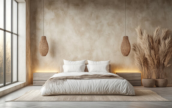 Modern bedroom interior with natural elements and warm lighting in a cozy space
