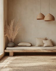 Cozy interior with natural decor and soft lighting in a serene living space