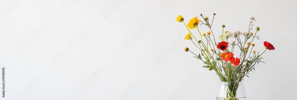 Poster minimalist still life featuring vibrant wildflowers in a clear glass vase with ample copy space for 