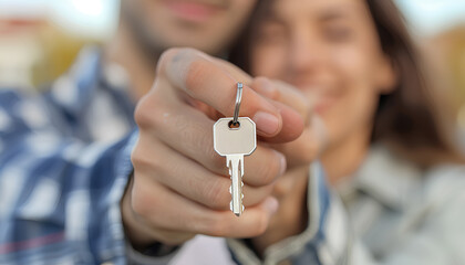 Woman with house key and her blurred boyfriend on background, closeup of hand