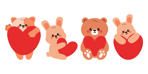 hand drawing cartoon animal sticker set holding red heart. cute animal drawing, doodle set for valentine sticker and icon
