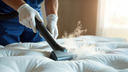 Close-up of gloved hands of male cleaner vacuuming hot steam from a bedroom mattress with space for text. Cleaning and disinfecting bed linens and mattress, cleaning company