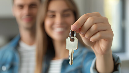 Woman with house key and her blurred boyfriend on background, closeup of hand