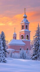 Fototapeta premium Snow-Covered Orthodox Church on a Christmas Morning, Orthodox Christmas