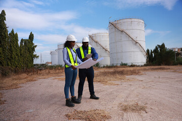 A couple of Black engineers with safety vests and hardhat work on drawing at the Chemical 
 storage...