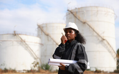 International woman Day, A Black female engineer holds drawings and uses walkie-talkies at an oil...
