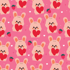 seamless pattern cute cartoon bunny with big pink heart. cute animal drawing for valentine wallpaper, pattern, background