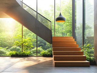 Modern staircase design leads to a bright indoor space surrounded by lush greenery