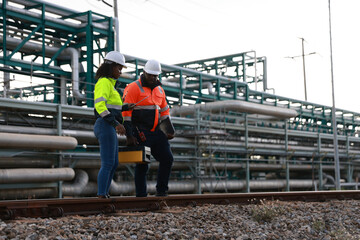 The Systems engineering team members performed preventive maintenance on the factory's piping and inspected the survey for the railway work station, set against the oil refinery factory in the backgro