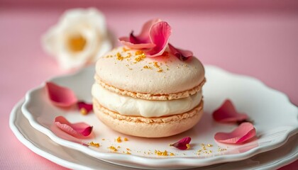 Capture a delicate French macaron filled with rose petal buttercream, garnished with edible gold dust and fresh rose petals, on a elegant white plate with a soft pink background