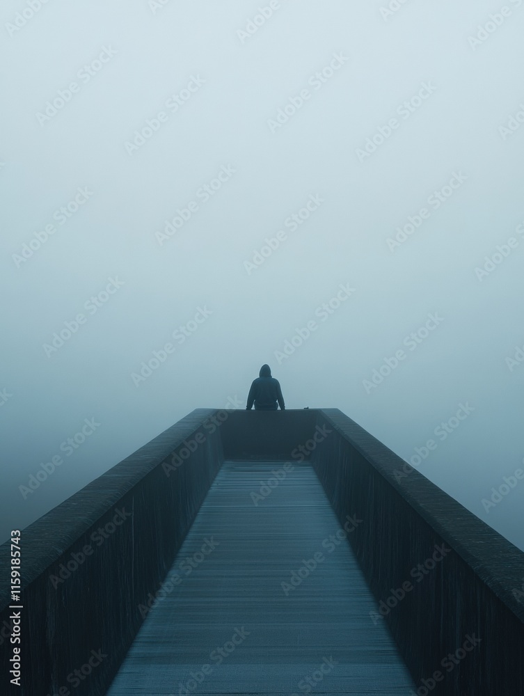 Aufkleber lone figure contemplates existence on a foggy bridge at dawn. generative ai