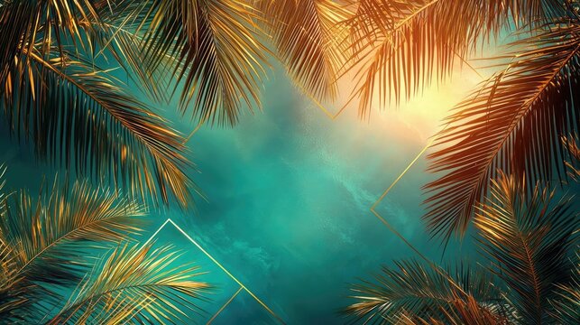 Fototapeta Palm tree abstract background idea. Lush tropical palm leaves framing a vibrant sunset horizon with artistic geometric shapes.