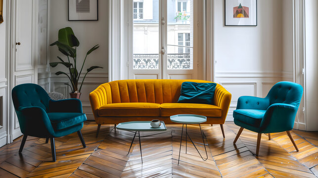 Salon &eacute;l&eacute;gant avec canap&eacute; jaune, fauteuils turquoise et parquet en bois clair.