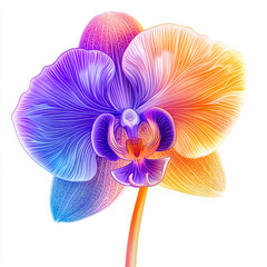 Vibrant and colorful orchid illustration with intricate details on the petals and a beautiful gradient of orange, purple and blue isolated on white background.