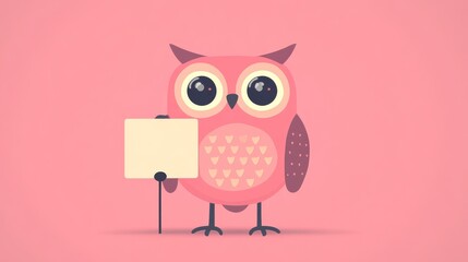 Cute cartoon owl greeting card holding a placard on pastel pink background. Flat design.