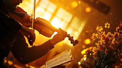 Artistic Violin Performance with Bright Sunlight and Flowers