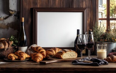 Blank white poster framed in dark oak, set against an image of traditional French cuisine, with croissants, baguettes, and fine wines arranged on a rustic wooden table 