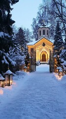 Snowy Orthodox Churchyard with Christmas Decorations, Orthodox Christmas 