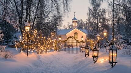 Snowy Orthodox Churchyard with Christmas Decorations, Orthodox Christmas 