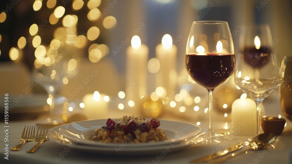 Aufkleber Luxurious dining experience with gourmet dish and fine wine illuminated by soft candlelight during evening gathering. Generative AI