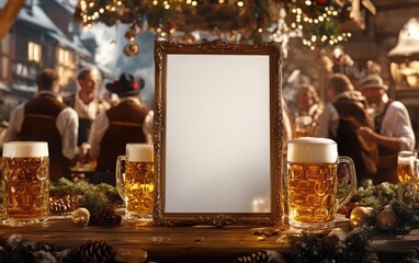 Blank white poster framed in polished brass, set against an image of traditional German Oktoberfest, with people wearing lederhosen and dirndls, surrounded 