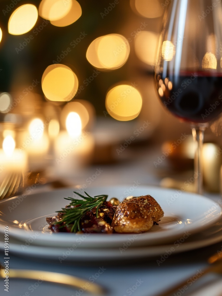 Poster luxurious dining table featuring gourmet dish with wine in intimate setting at evening with soft can