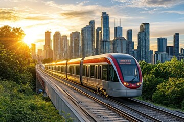 Naklejka premium Trains travel through urban and tropical landscapes with vibrant surroundings. Public transport. AI generated image