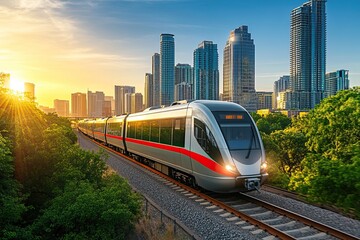 Naklejka premium Trains travel through urban and tropical landscapes with vibrant surroundings. Public transport. AI generated image