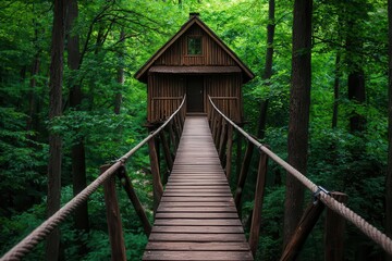 Fototapeta premium travel adventure and accommodation. A rustic treehouse with a rope bridge, offering an adventurous stay high above the forest floor