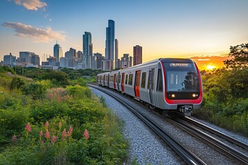 Obraz premium Trains travel through urban and tropical landscapes with vibrant surroundings. Public transport. AI generated image