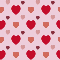 Seamless pattern with magic scarlet and pink hearts on light pink background. Vector image.