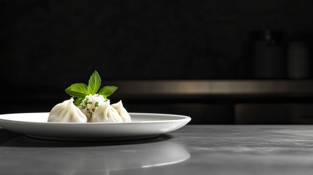 Delicate Steamed Dumplings on a Plate with Garnish in a Stylish Dark Setting