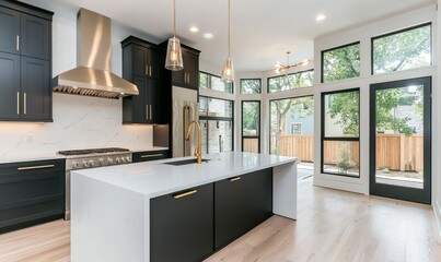 Fototapeta premium Modern Kitchen Design with Elegant Island, Stylish Lighting, and Abundant Natural Light