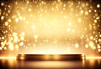 Gold Podium on Abstract Gold Background with Bokeh Lights - Luxury Stage for Presentations and Events. Created with generative AI technology