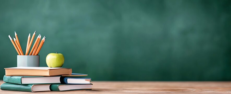 Chalkboard background with books, pencils in a holder, and a green apple. Perfect for educational themes, school projects, and academic concepts.