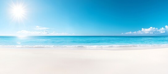 Pristine white sandy beach under a bright blue sky, with gentle ocean waves lapping the shore. Perfect summer escape showcasing tranquility and natural beauty.