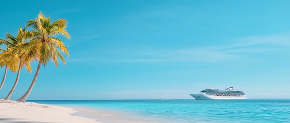 Obraz premium A serene tropical beach scene with palm trees and a cruise ship sailing on turquoise waters under a clear blue sky. Perfect for vacation themes and travel inspirations.