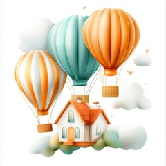 Fototapeta premium Colorful Hot Air Balloons Floating Above a Charming House in a Whimsical Sky