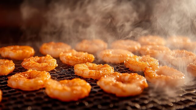 Crispy Ebi Senbei Close-Up Shot of Golden Shrimp Snacks with Steam and Grilling Aroma