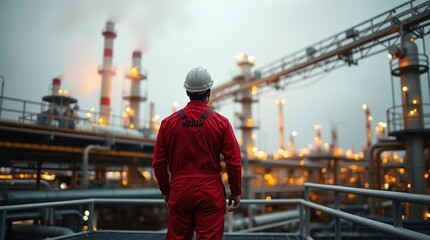 Fototapeta premium Industrial worker overlooking a petrochemical plant at dusk Generative AI image 