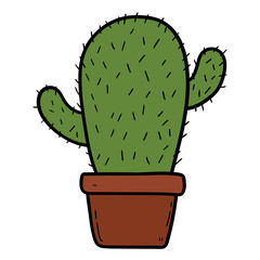 Hand drawn cartoon cactus in pot on white background.