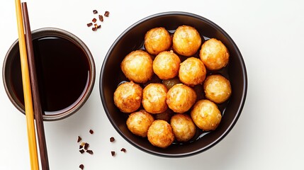 Golden Crispy Fried Potato Balls in Bowl with Sauce and Chopsticks on White Background