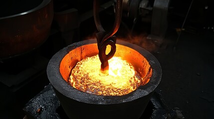 Molten Steel Being Poured from Ladle into Crucible in Industrial Production Facility