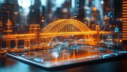 Obraz premium Cityscape on Tablet: A futuristic city skyline emerges from a tablet screen, showcasing an illuminated bridge as a symbol of progress, innovation, and connectivity. 